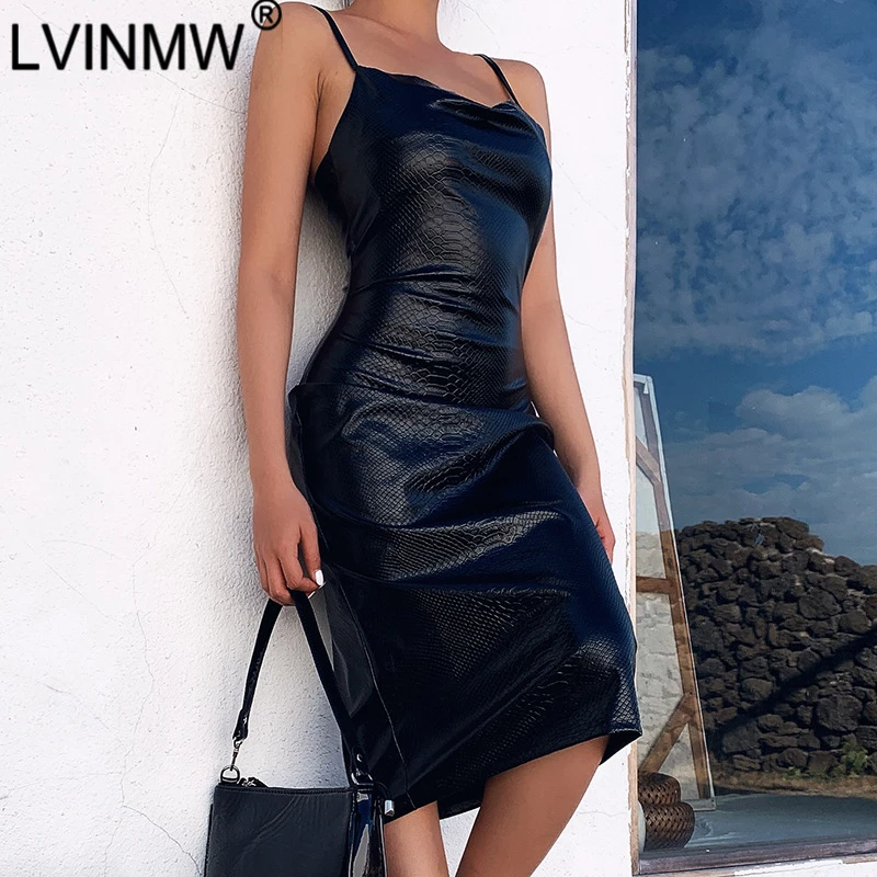 

LVINMW Sexy Crocodile PU Spaghetti Straps Slim Knee-length Dress 2020 Spring Women Fashion Sleeveless Backless Dress Party Club
