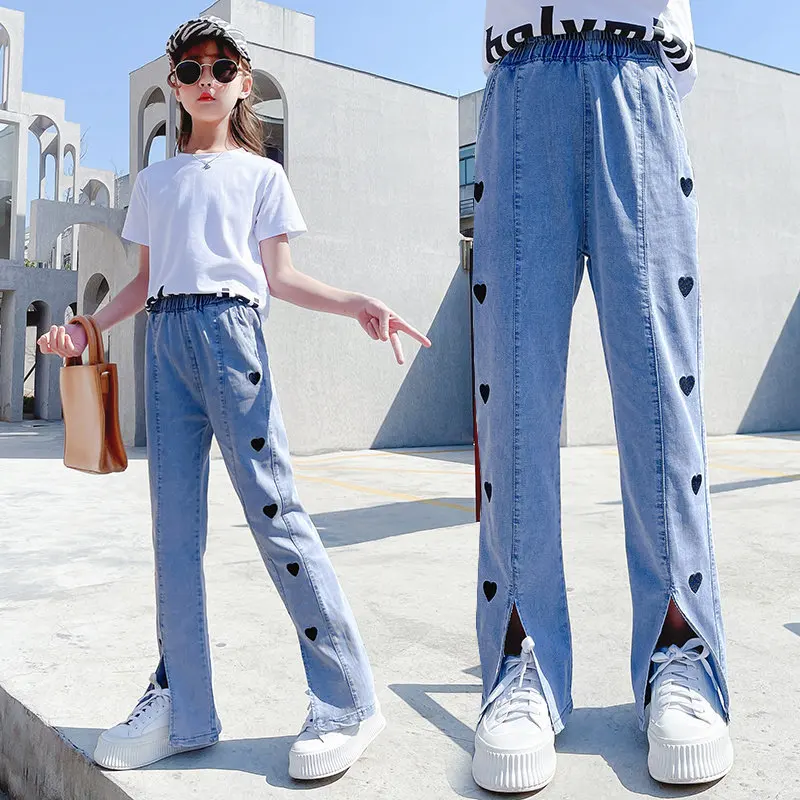 

Teen Girls Floor Length Pants Summer Thin Denim Fashion Heart Print Korean Style High Waist Teenager Mopping Long Trousers 4-14Y