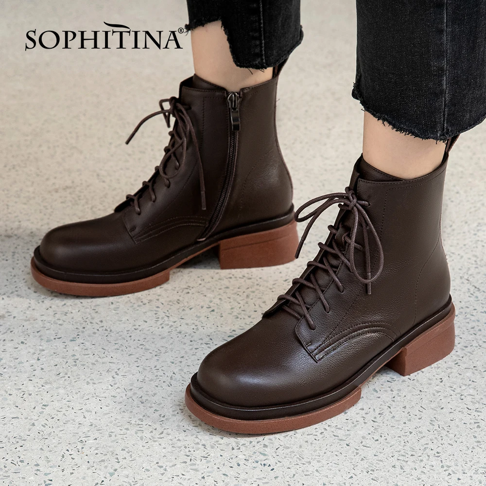

SOPHITINA Spring&Autumn New Women's Shoes New Lace-up Comfortable Low Heels Warm Plush Casual All-match Ankle Boot Female WO946