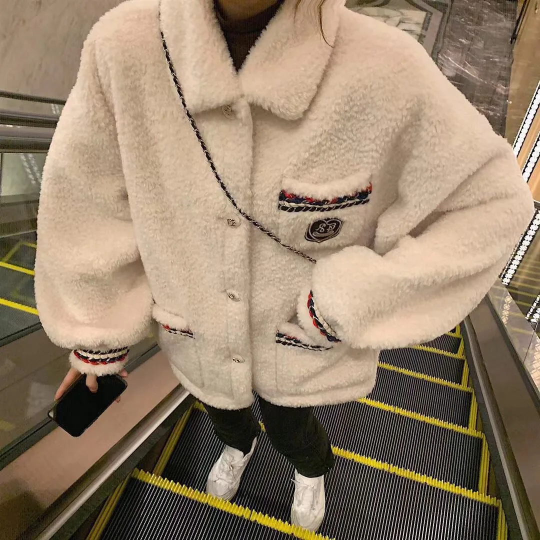 

With tie coat women's new Autumn/winter 2020 online celebrity imitation lamb hair loose plus velvet age reduction net red tide
