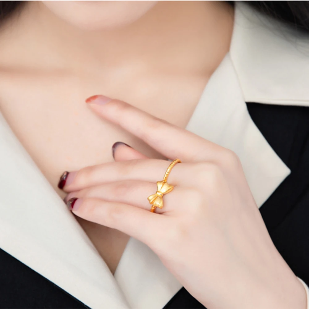 Кольцо из настоящего желтого золота 24 К 1 шт. 3D кольцо твердого с красивым бантом