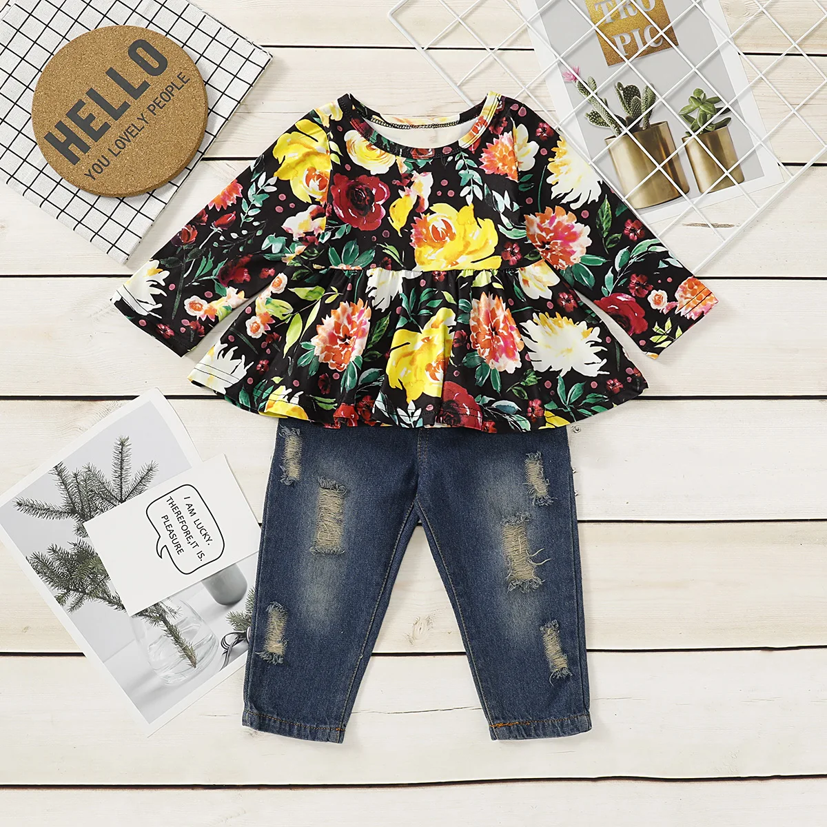 2pcs Kids Baby Girls Outfits Casual T-shirt Tops Long Ripped Pants Leggings Clothes Set Autumn floral sleeve clothing | Детская одежда