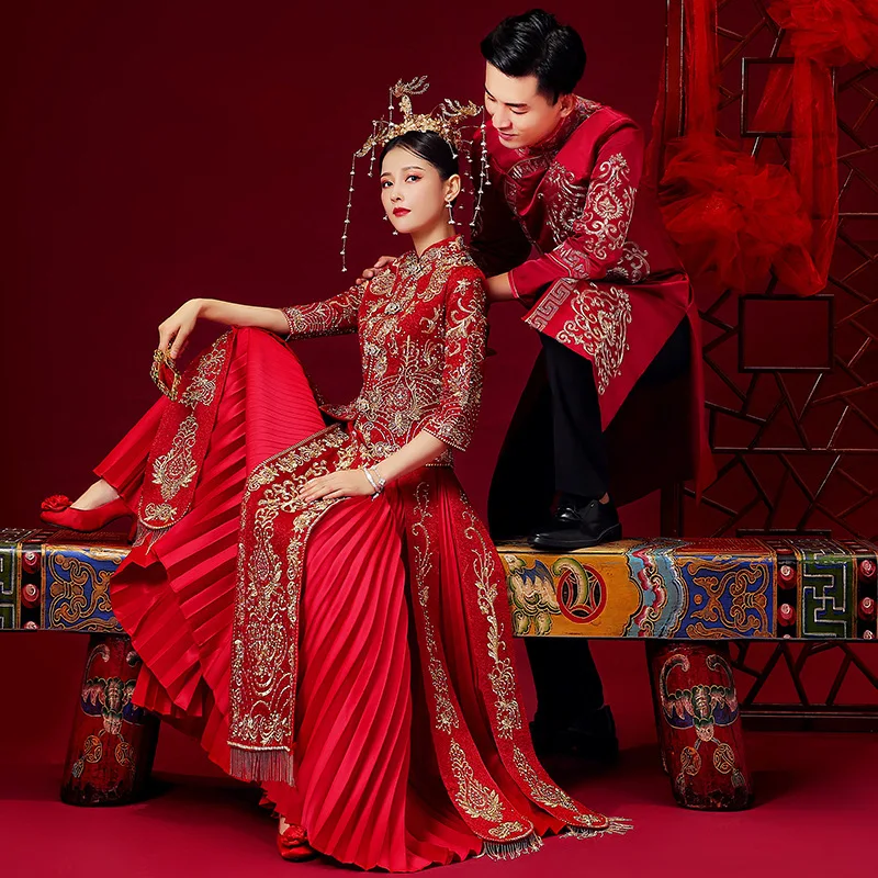 

Vintage Oriental Couple Wedding Embroidery Dragon Phoenix Banquet High-quaity Classic Cheongsam China Qipao костюм для восточных