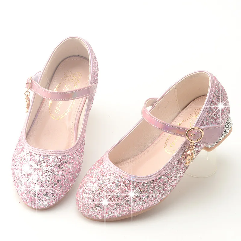 

Sequins Rhinestone Party Princess Kids Leather Shoes Fashion Crystal Girl Children High Heel Student Performance Show Girls Shoe