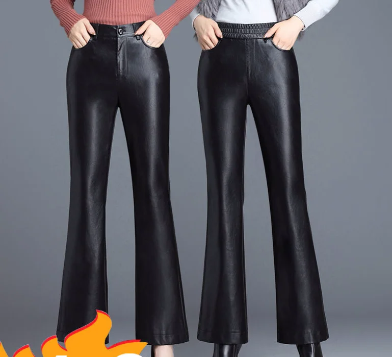 

2021 New Autumn Elastic High Waist Straight Leather Flare Pants Women Loose Faux Leather Trousers Ladies Wide Leg Pantalone Z13