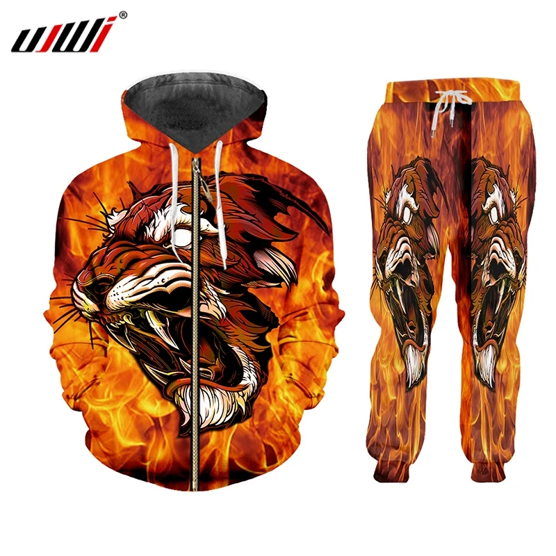 

UJWI Casual Men's Tracksuit Hoodie Pants 3D Printing Two-piece Winter Jacket Men Loose Large Size Flame Tiger Suit Sports Custom