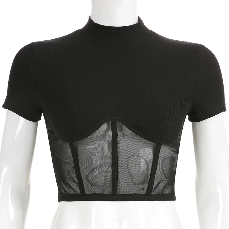

Women Sexy Turtleneck Crop Top Transparent Knitted Patchwork Solid Sexy Slim Bottoming Short T-shirt Short Sleeve Slim Blouse