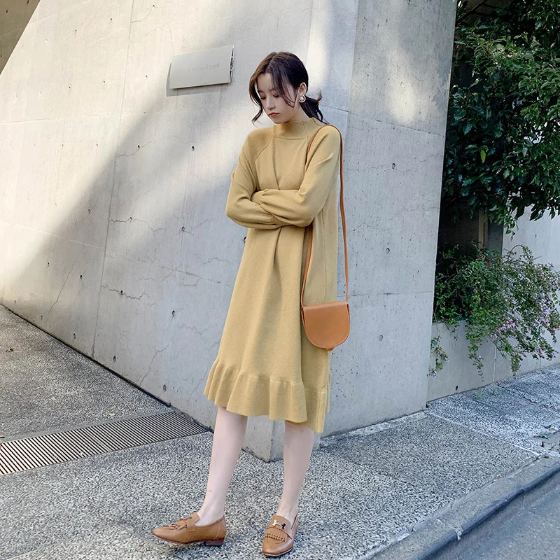 

Elegant Loose Women Knitted Sweater Dress New Autumn Winter Female Ruffles Lantern sleeve Casual Turtleneck Pullover Vestidos