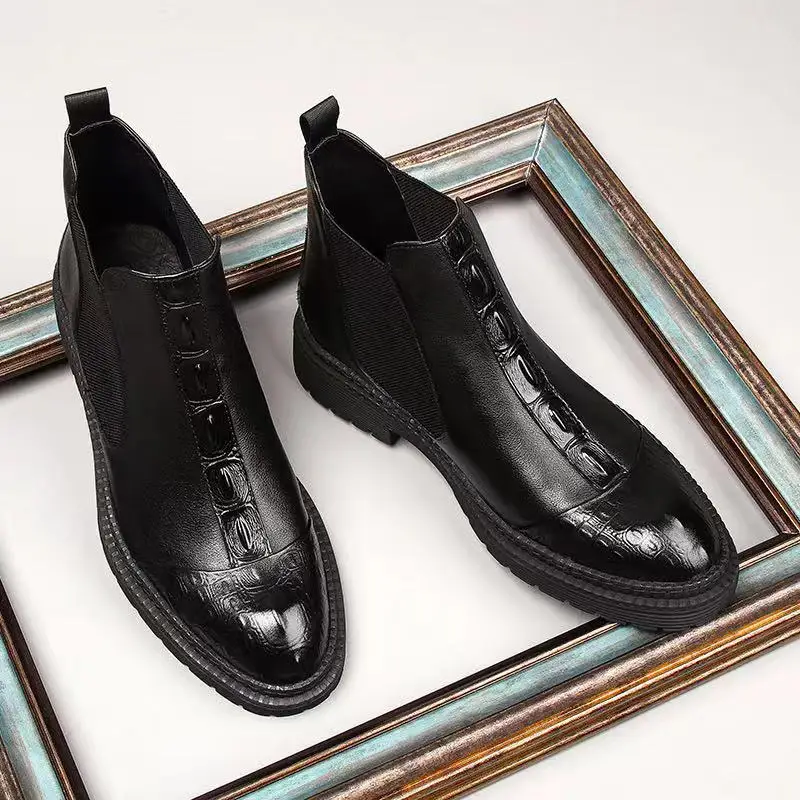 

Men Genuine Cow Leather Chelsea Boots Brogue Black Wine Red Fashion Ankle Boot Shoe Comfortable Slide On Dress Boots