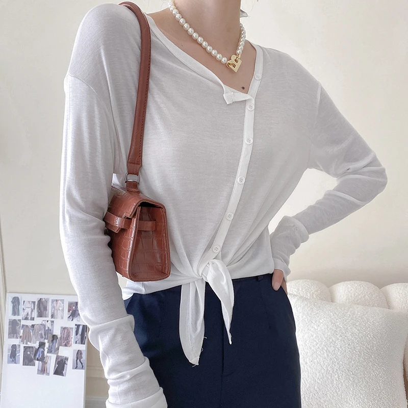 

TWOTWINSTYLE Patchwork Buttons T Shirts For Female O Neck Long Sleeve High Waist Slimming Solid Color Women's Casual T Shirt New