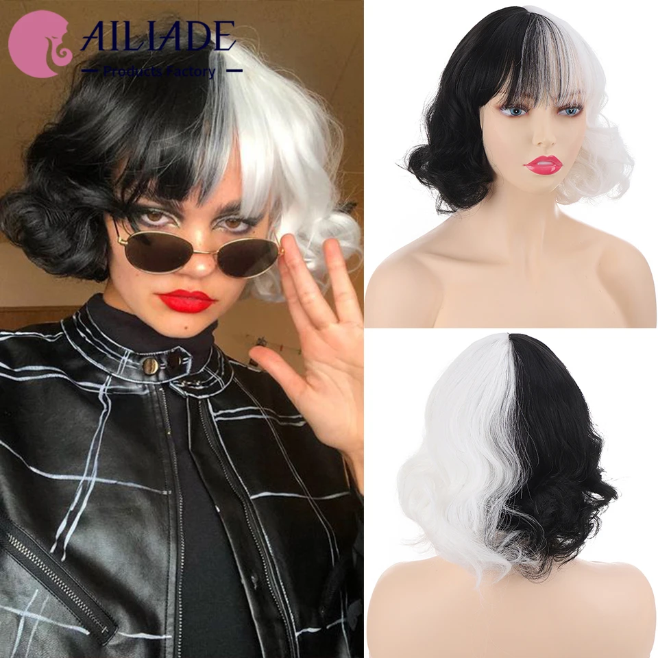 

AILIADE Short Curly Synthetic Wig With Bangs Natural Fluffy Shoulder Length White Black Cruella Cosplay Wigs For Women