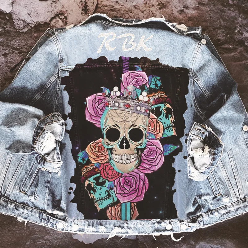 

High Street Retro Printed Skull Bones Women's Foreign Trade Europe and America Denim Jacket