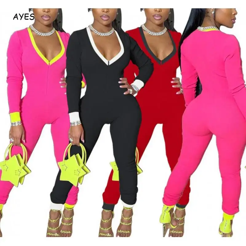 

AYES Matching Sets Women Bodycon Sexy V Neck Solid Autumn Fashion Female Zip Party Playsuits Long Sleeve Jumpsuits Suit Set 2021