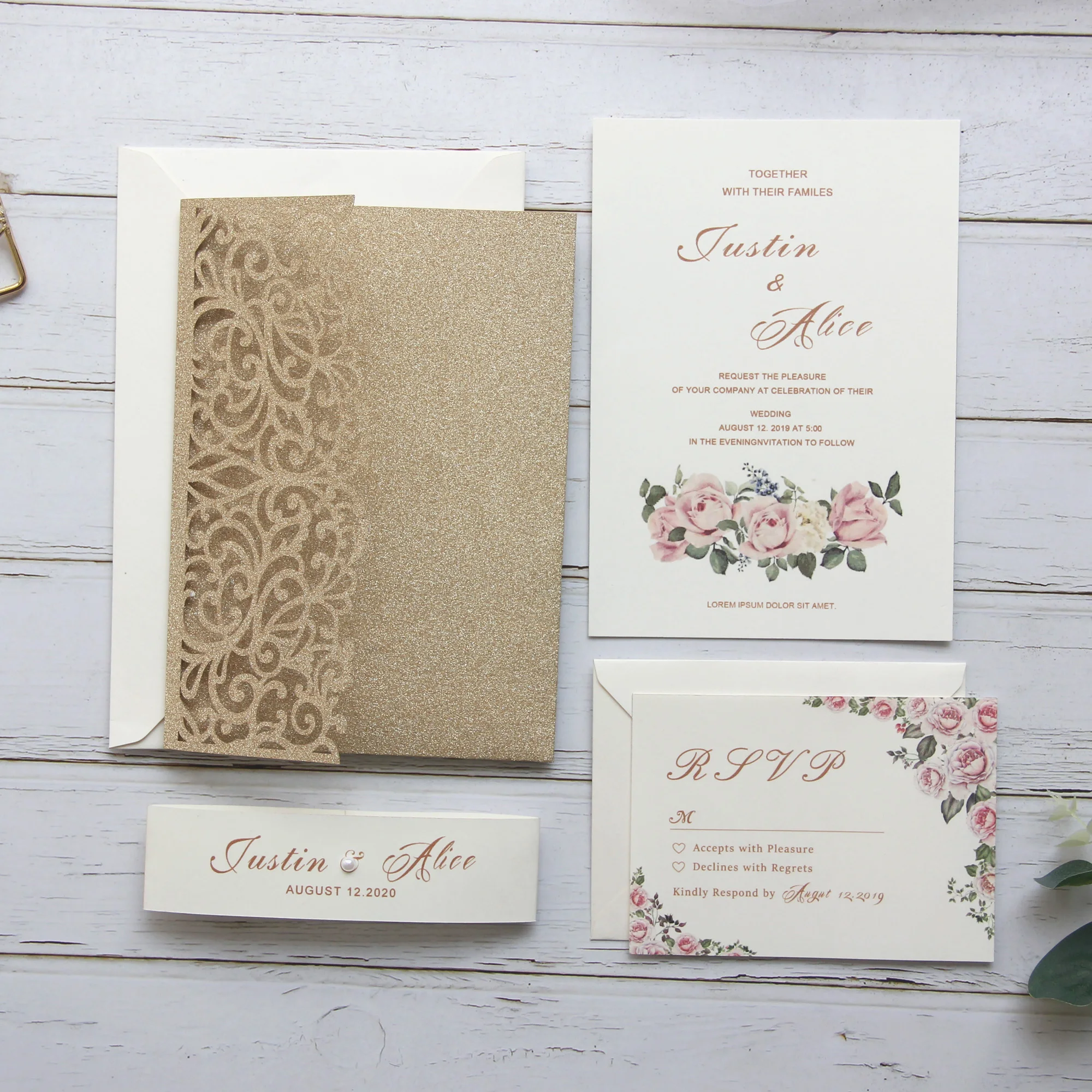 Print custom Laser Cut Wedding Invitations Cards glittery invitations set with RSVP envelop belly band tri-fold pocket invites | Дом и сад