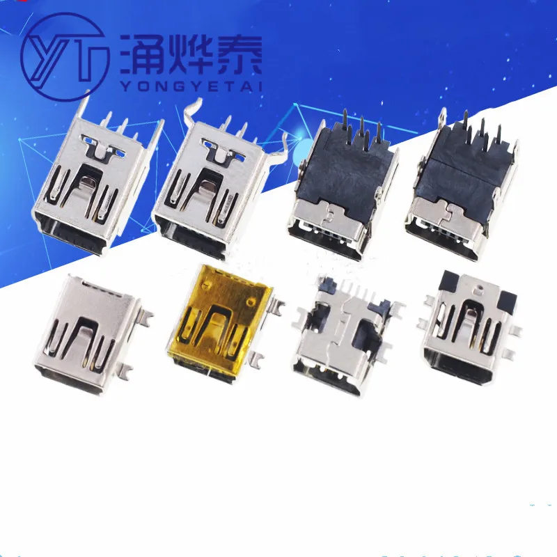 Мини-USB-разъем YYT, 20 шт., разъем SMD T-типа, гнездовой порт, прямой изгиб ножки, 2 4 позиционирования, Тонущая пластина для короткого тела
