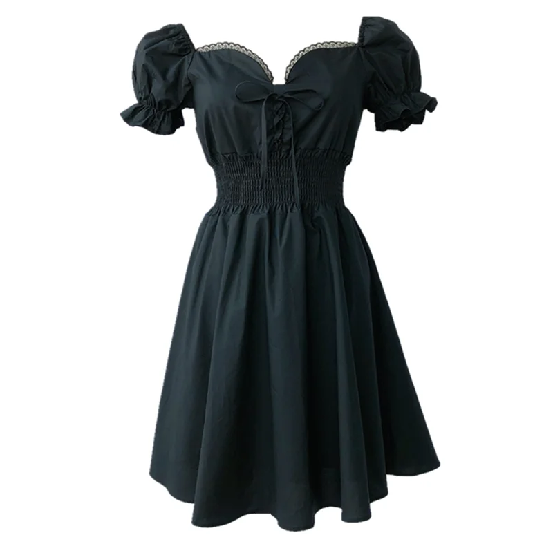 

PERHAPS U V Neck Short Sleeve Mini Dress Solid Black Summer Women Female Puff Sleeve Bow Lace D1820