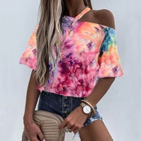 womens fashion tie dye print shirts short sleeve pleated sleeve blouse casual one shoulder tops summer t shirt