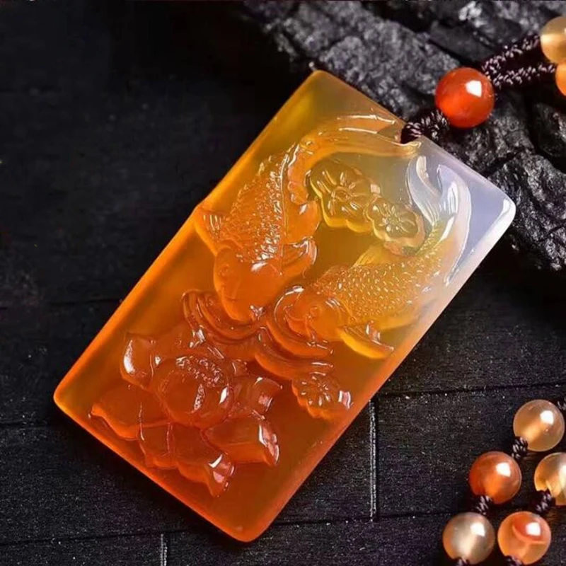 

Natural Red White Chalcedony Two Fish Pendant Jewelry Lucky Exorcise evil spirits Auspicious Amulet Jade Pendant Fine Jewelry