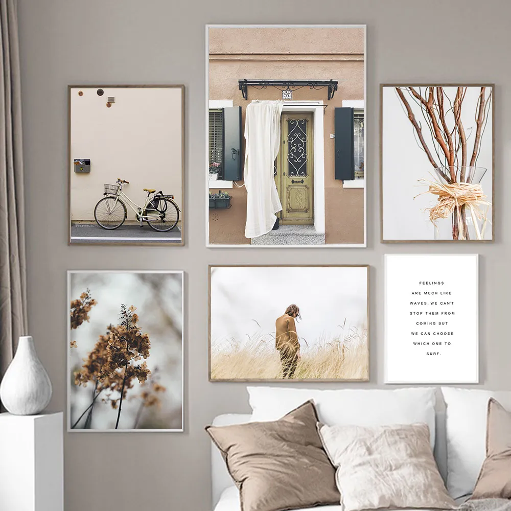 

Плакаты в скандинавском стиле, настенная Картина на холсте с изображением цветов, велосипедов, дверей, ветвей, пейзажа, Осеннее искусство, у...