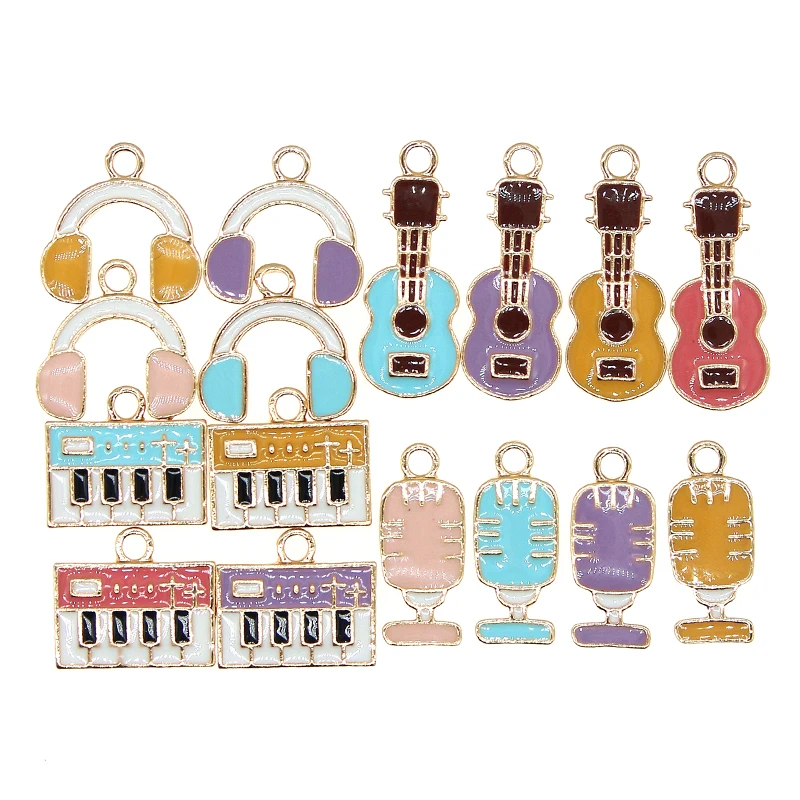 

10pcs/pack Cute Headset Microphone Guitar Electronic Organ Violin Enamel Charms For Necklace Bracelet DIY Jewelry Findings