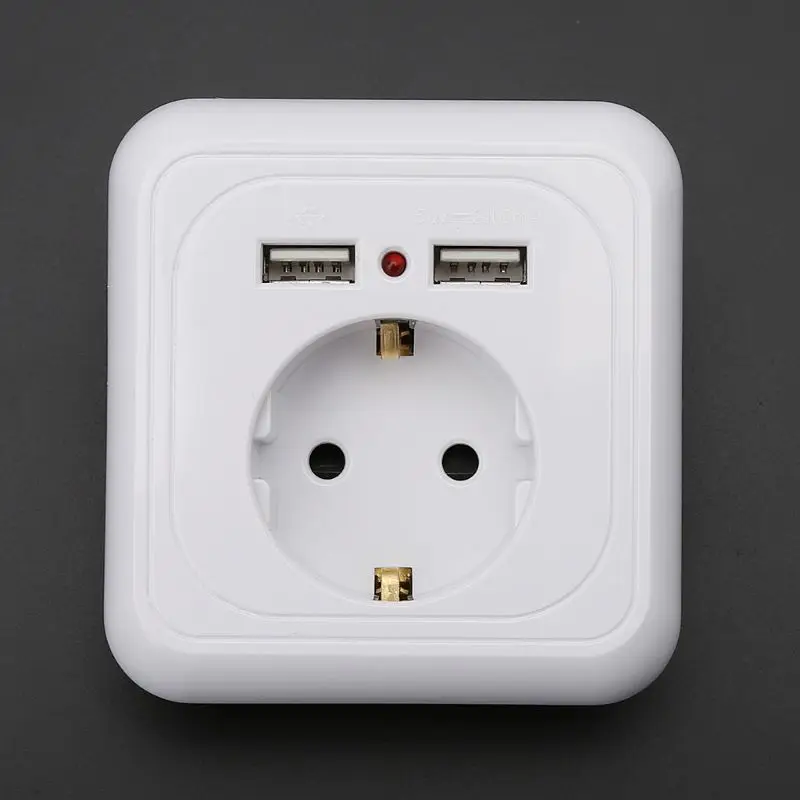 

Wall Socket Power Outlet With Dual USB Ports LED Light White Panel EU Standard