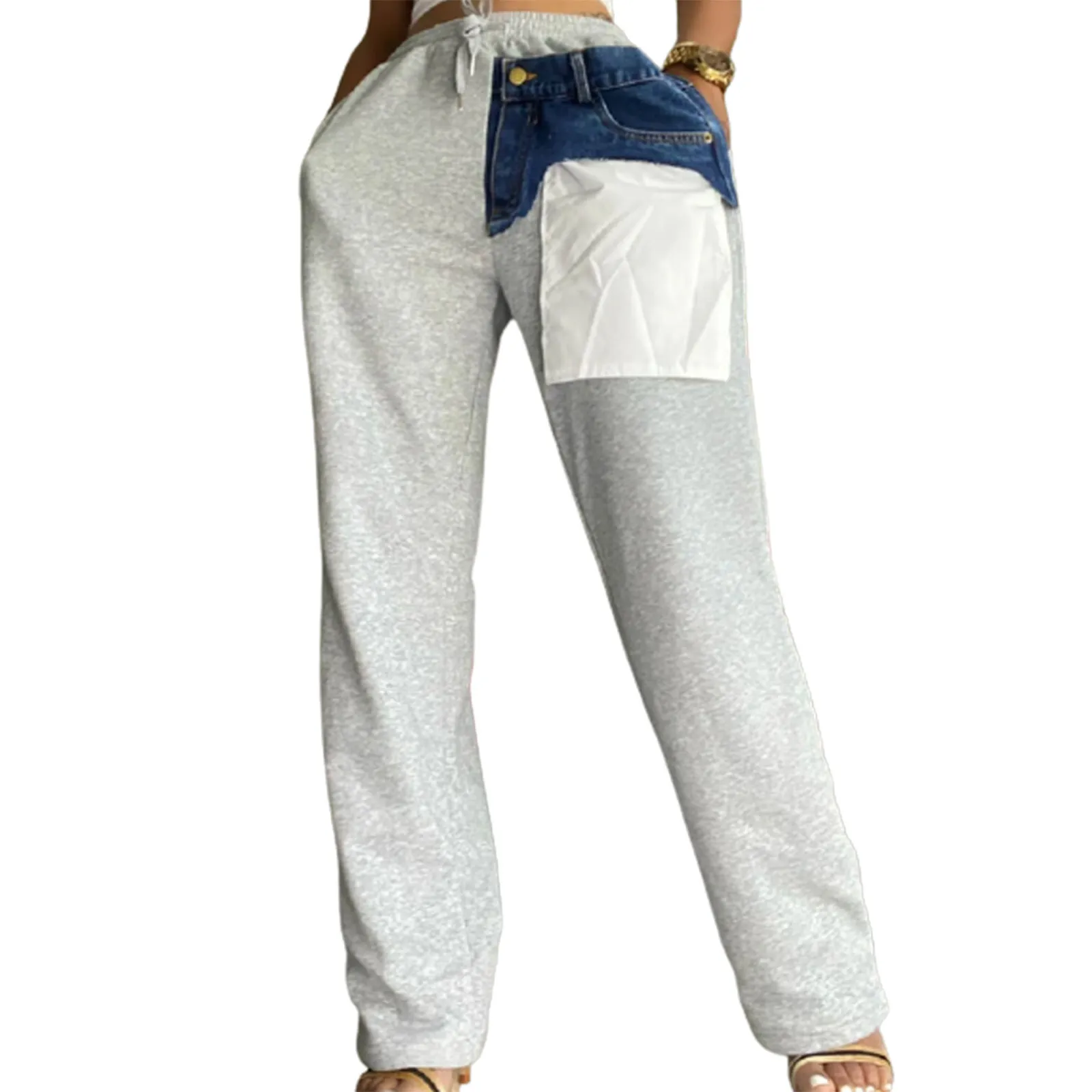 

2021 New Women's Wide Leg Pants Drawstring High Waist Denim Patchwork Loose Fit Long Pants