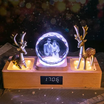 

K9 2D or 3D laser crystal decorate with wooden USB LED base bluetooth Alarm clock crystal music light gift