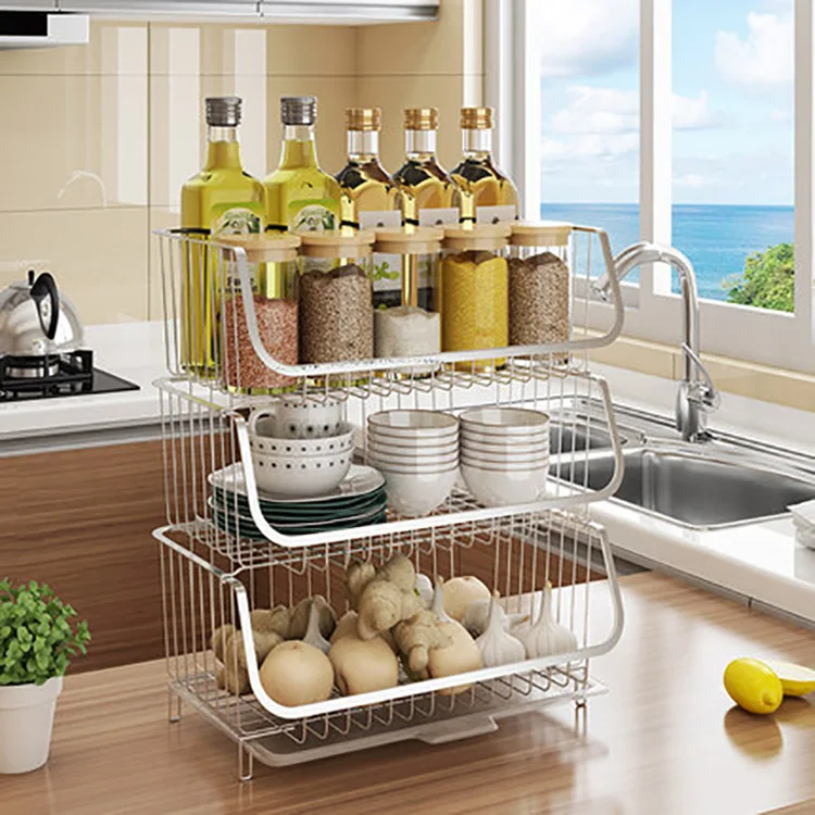 

Multi layer storage seasoning dish rack Hole free wall hanging 304 stainless steel fruit basket kitchen accessories organizer