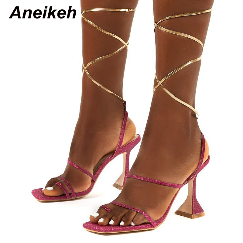 

Aneikeh New 2022 Fashion Women Shoes Spike Heels Open Party Cross-Tied Riband PU Gladiator Lace-Up Back Strap Solid Pink Gold