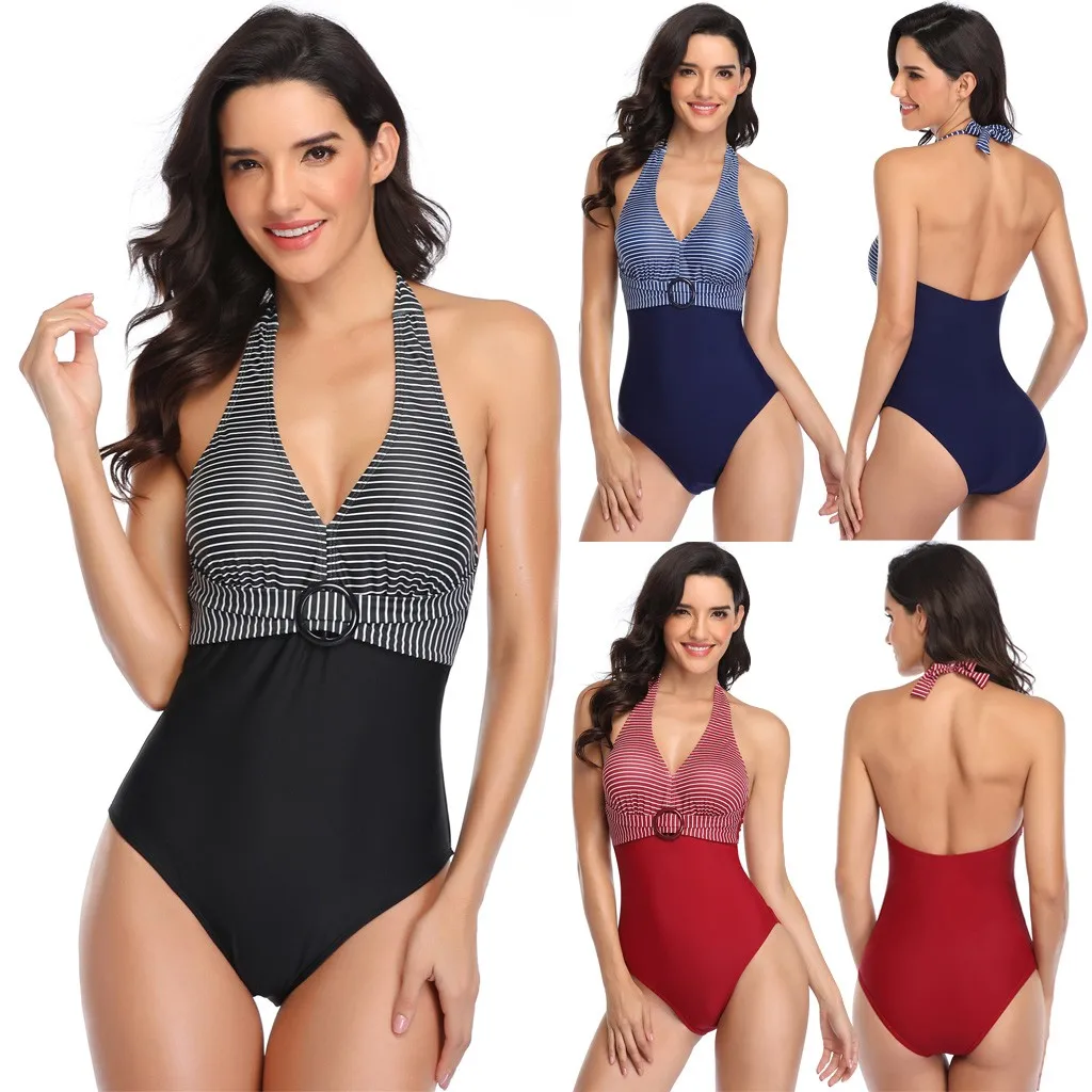 2020 цельный пляжный комплект бикини женское ретро полосатый Принт пэчворк с