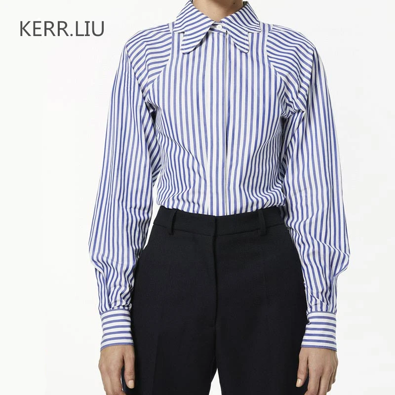 

Designer blue stripy shirt women lnfluencer oversized 100% cotton Button long sleeve striped loose blouse 2021 fall new quality