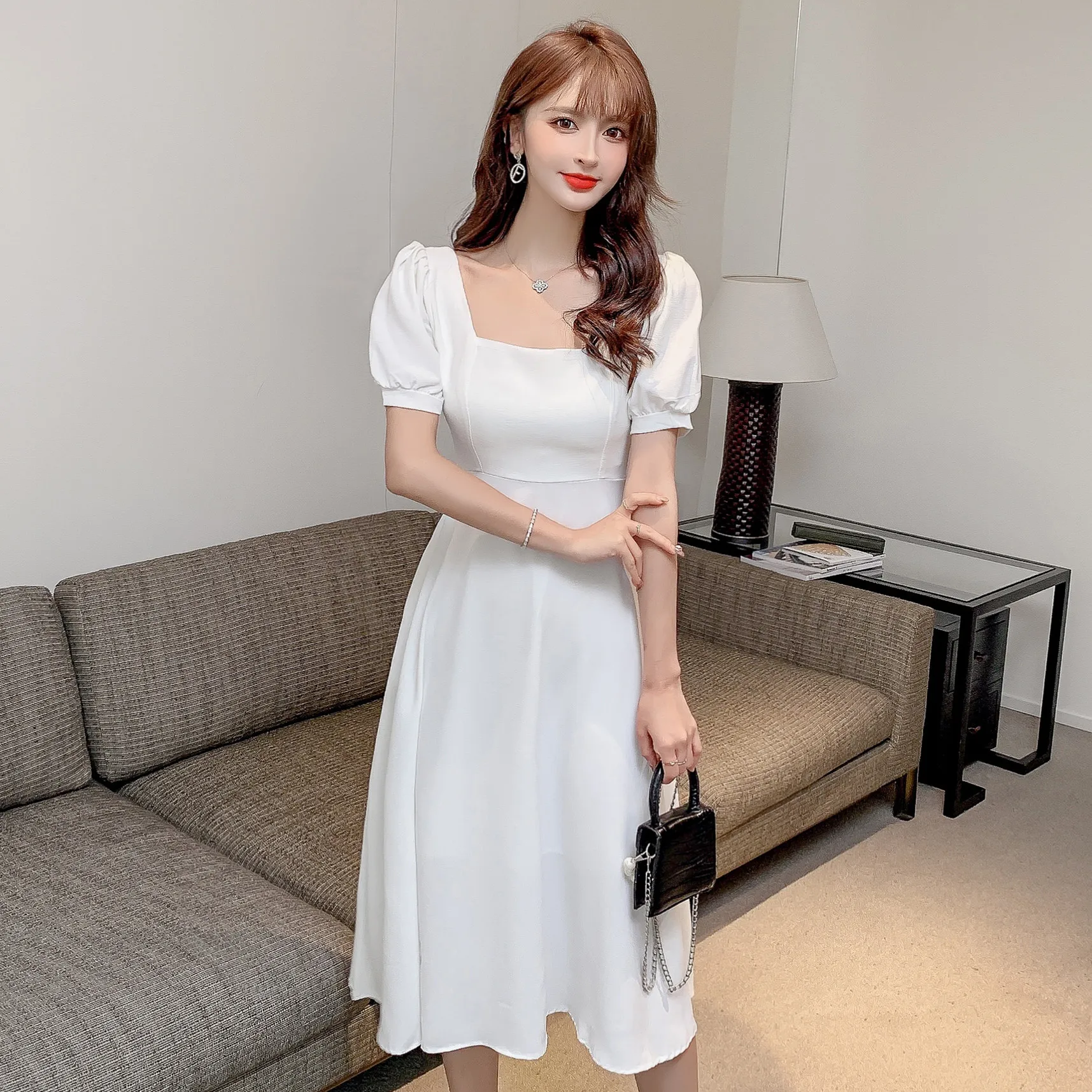 

2021 spring and summer dress women retro light ripe temperament bubble sleeve skirt Hepburn French wind
