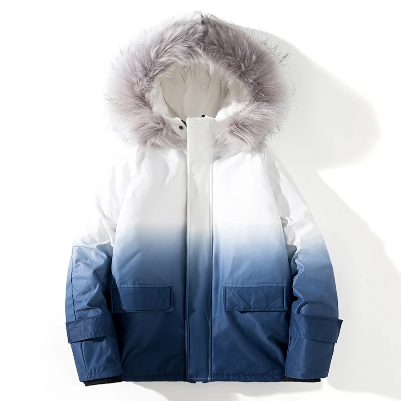 2023 Winter Warm Gradient Parkas Men Streetwear Thick Jackets And Coat Fashion Harajuku Hoody Fur Collar Outwear