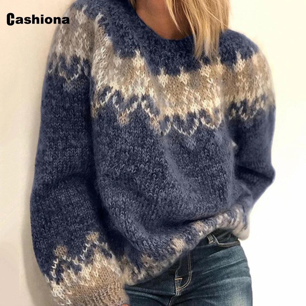 

2020 Spring Autumn Knitted Sweater Blue Gray Women Clothes New Pacthwork Mohair Jumper Pullovers Plus size Femme Printed Sweater