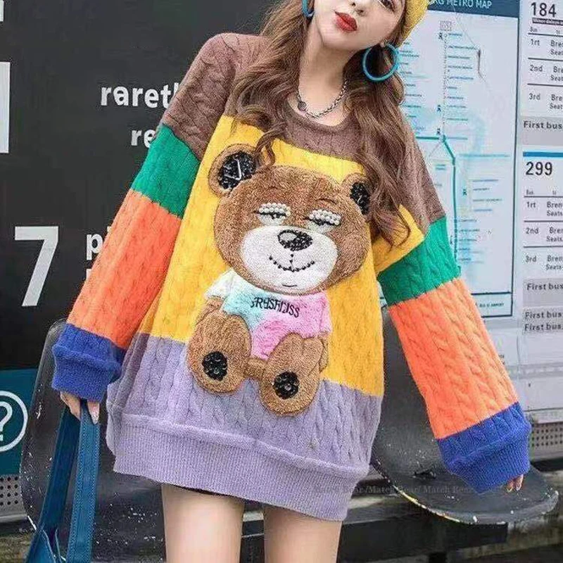 

Женский трикотажный свитер с круглым вырезом, Свободный пуловер популярного цвета с мультяшным принтом медведя, осень 2021