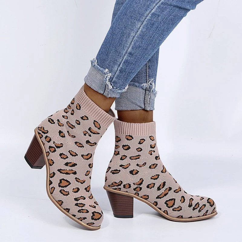 

Green Sock Boots Cotton Fabric Boots Square Heel for Women Shoes New Spring Leopard Ankle Boots Booties Female Womens Boots