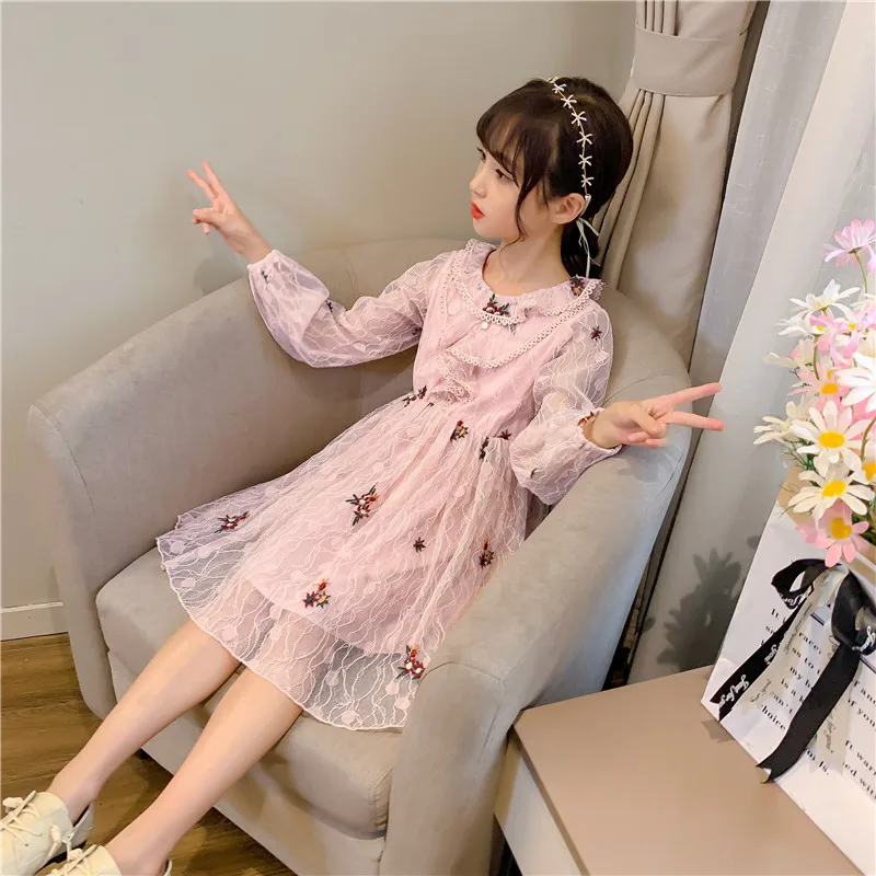 

Teens Girls Pink Cute Boutique Korean Spring Autumn Lace Dress Little Girl Embroidery Beautiful Halloween Princess Party Costume