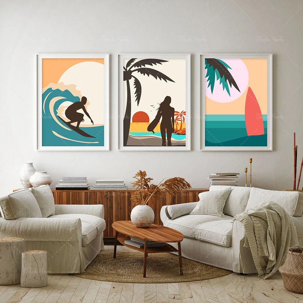 

Surf Print, Surfer Décor, Surfers Summer Art Set, Hawaii Surf board, Ocean Wall Art Surfing Triptych, Big Wave, Vintage Surfer