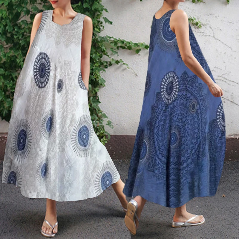 Женское платье праздничные летние без рукавов модные вечерние с круглым вырезом