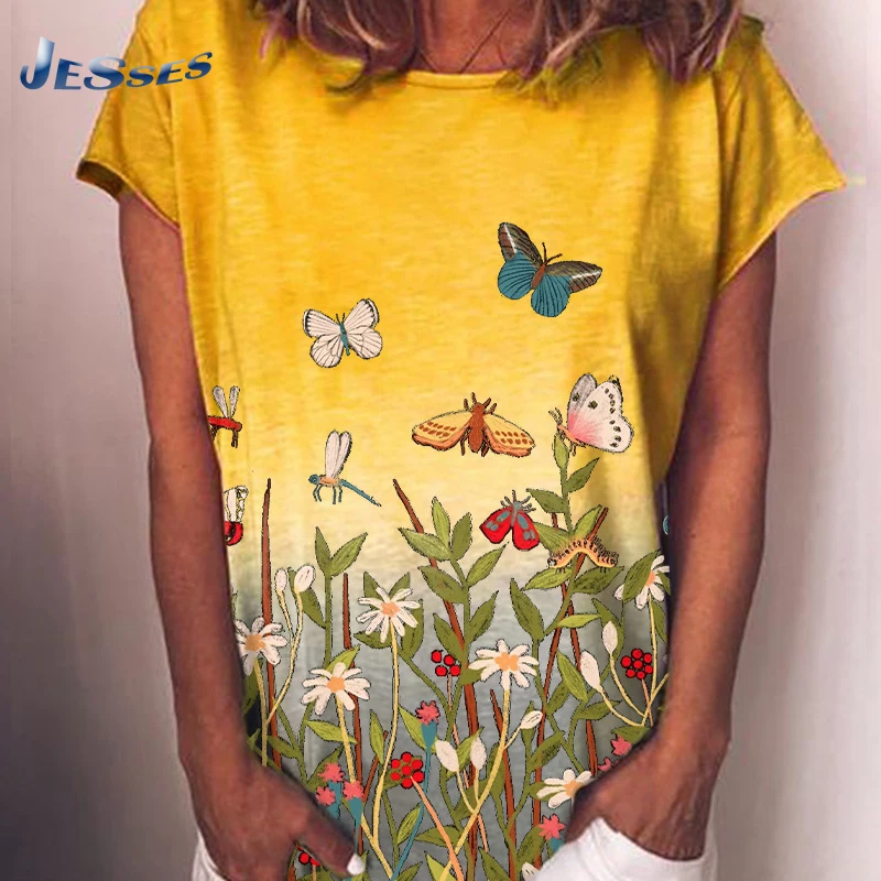 

Casual Butterfly Print Pullover 2021 Summer Short Sleeve O Neck T-Shirt Streetwear Harajuku Loose T Shirts Ladies Tops Tee 3XL