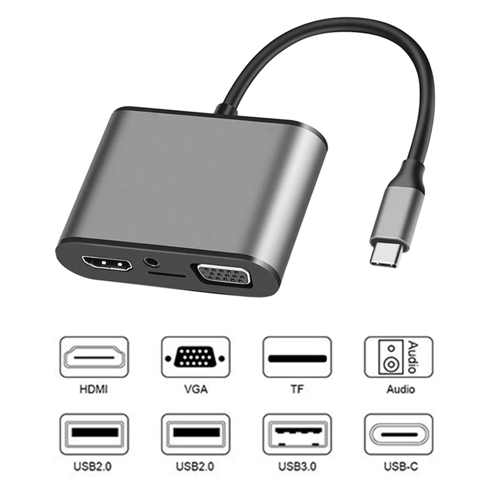 

8 In 1 Portable Cellphone USB3.0 Adapter USB C Hub Computer TF Card Reader Type C To VGA Aluminum Alloy Audio Port Laptop
