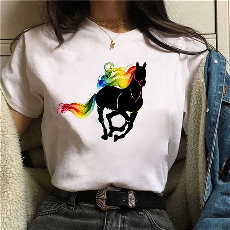

Ulzzang Harajuku Funny Watercolor Horse Drawing David Print Short Sleeve Oversized T-shirt Loose O-Neck Casual T-shirt For Women