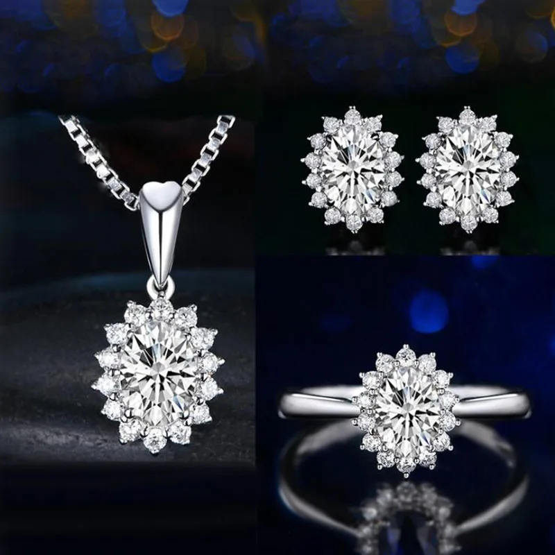 

BLACK ANGEL Exquisite Oval Sapphire Women Wedding Necklace Earring Ring Zircon Crystal Fashion Jewelry Sets Party Gift