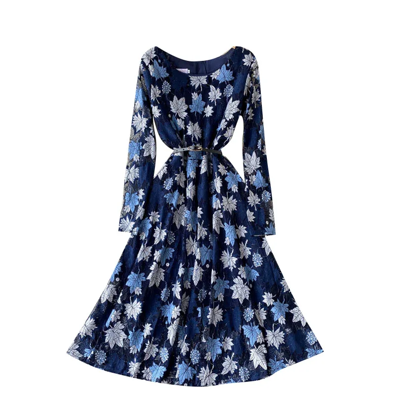 

Female Floral Print Medium Long Lace Dress Women's Spring High Quality Long Sleeve Slim Vintage Elegant Party Dressed Mujer