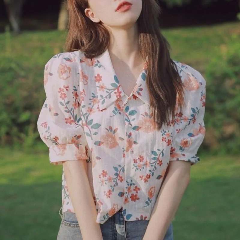 

Женская шифоновая блузка, винтажная Повседневная рубашка с цветочным принтом, Офисная пляжная блузка с пышными рукавами, укороченные топы, ...