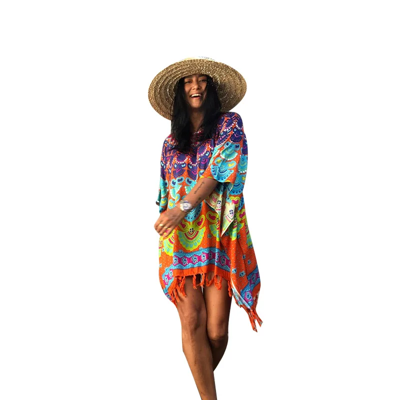 

Large Size Bikini Cover Ups For Swimwear Women 2021 New Pullover Tassel Loose Color Peacock Tail Seaside Vacation Beach Dress