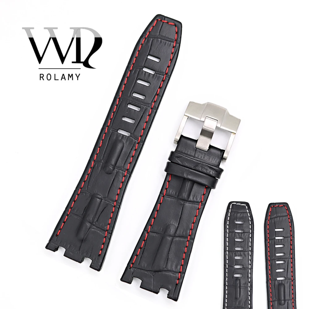 

Rolamy 28mm Black Real Leather Thick Wrist Watch Band Strap Belt With Silver Buckle For Audemars Piguet 42mm Royal Oak Offshore