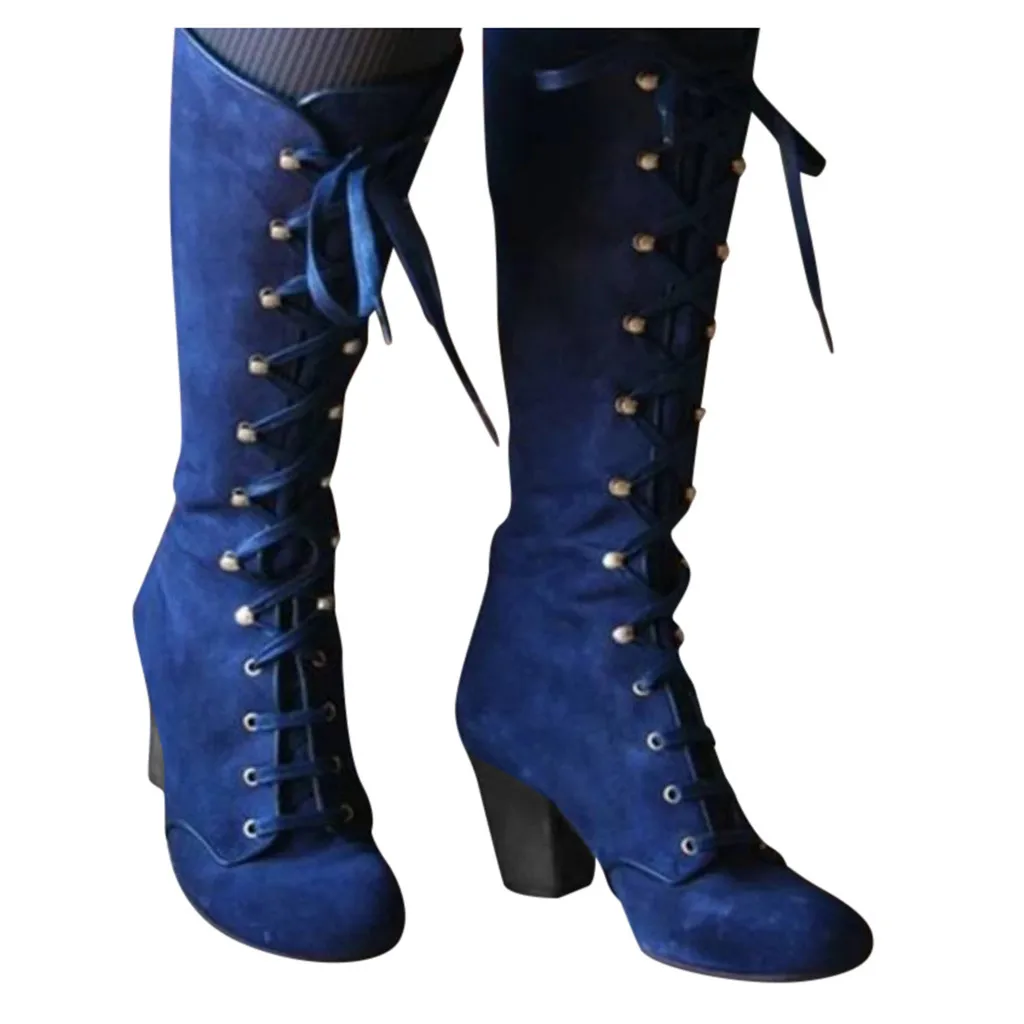 Women Long Boots Casual Lace Up Autumn Winter Thigh High Boots Botas Mujer Footwear Retro Mid-Calf Boots Thick Heels Shoes#930