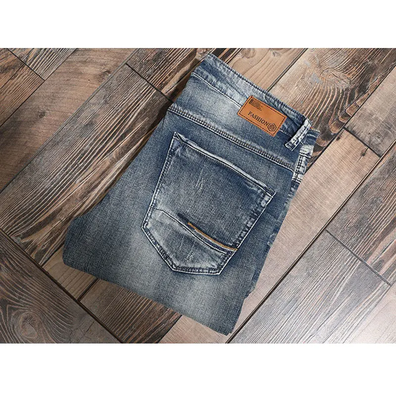 European American Vintage Fashion Men Jeans Retro Blue Elastic Slim Fit Ripped Jeans Men Distressed Designer Denim Pencil Pants