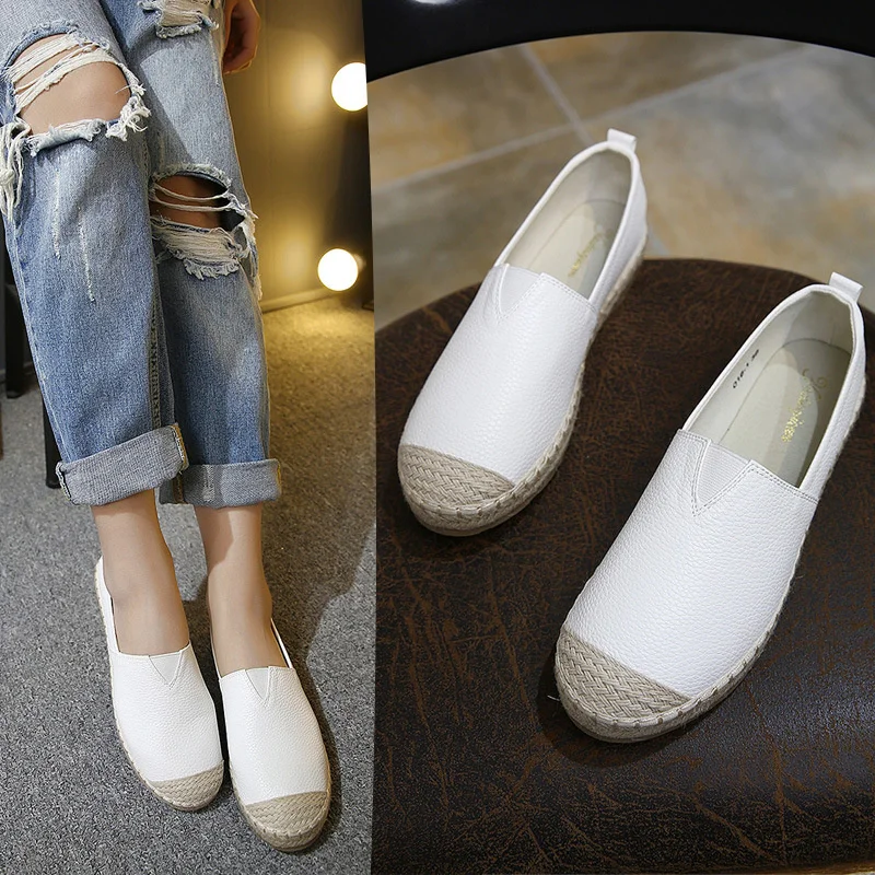 

Hot Women's Real Fisherman Shoes Ladies Stretch Leather Hemp Shoes Espadrilles Femme Slip on Loafer Runway Flats